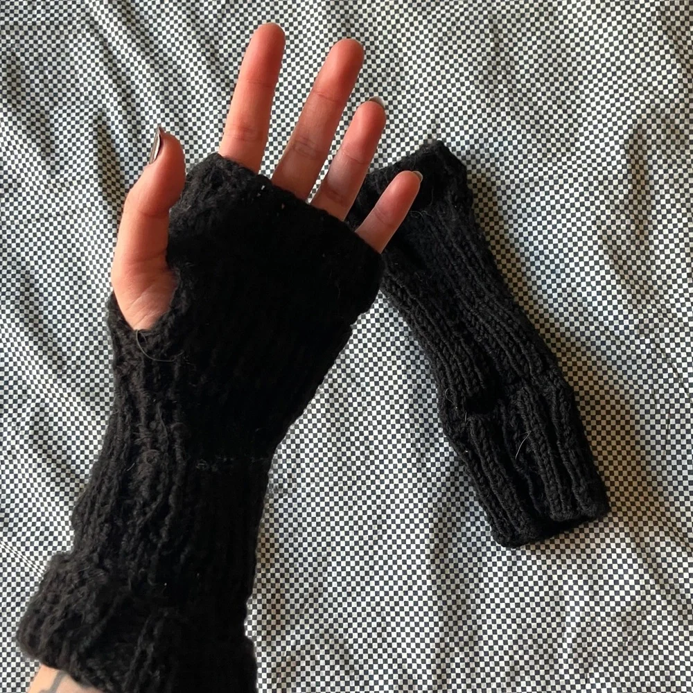Hand Knit Fingerless Gloves in Black Handmade Small/Medium
